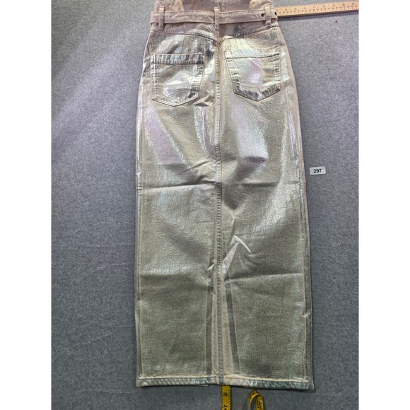 Zara Silver Metallic Holographic Denim Maxi Skirt with Belt Ecru Womens XS 24 - Picture 9 of 14